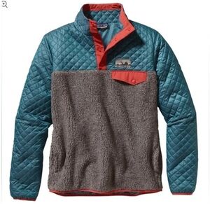 Patagonia Mixed Snap T Pullover Sweater Jacket Teal Grey Orange Quilted Large
